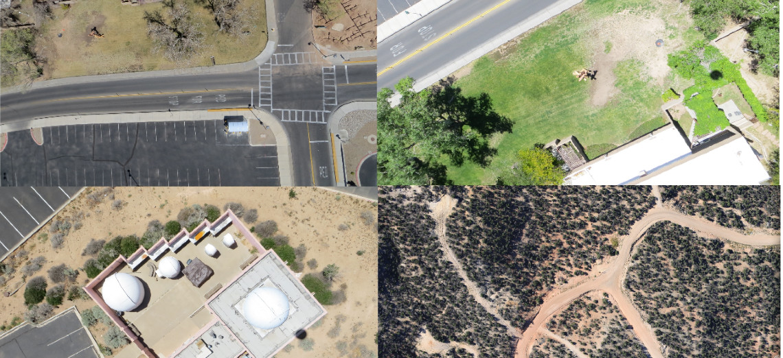 Four nadir images: pavement, grass, buildings, and dirt roads
